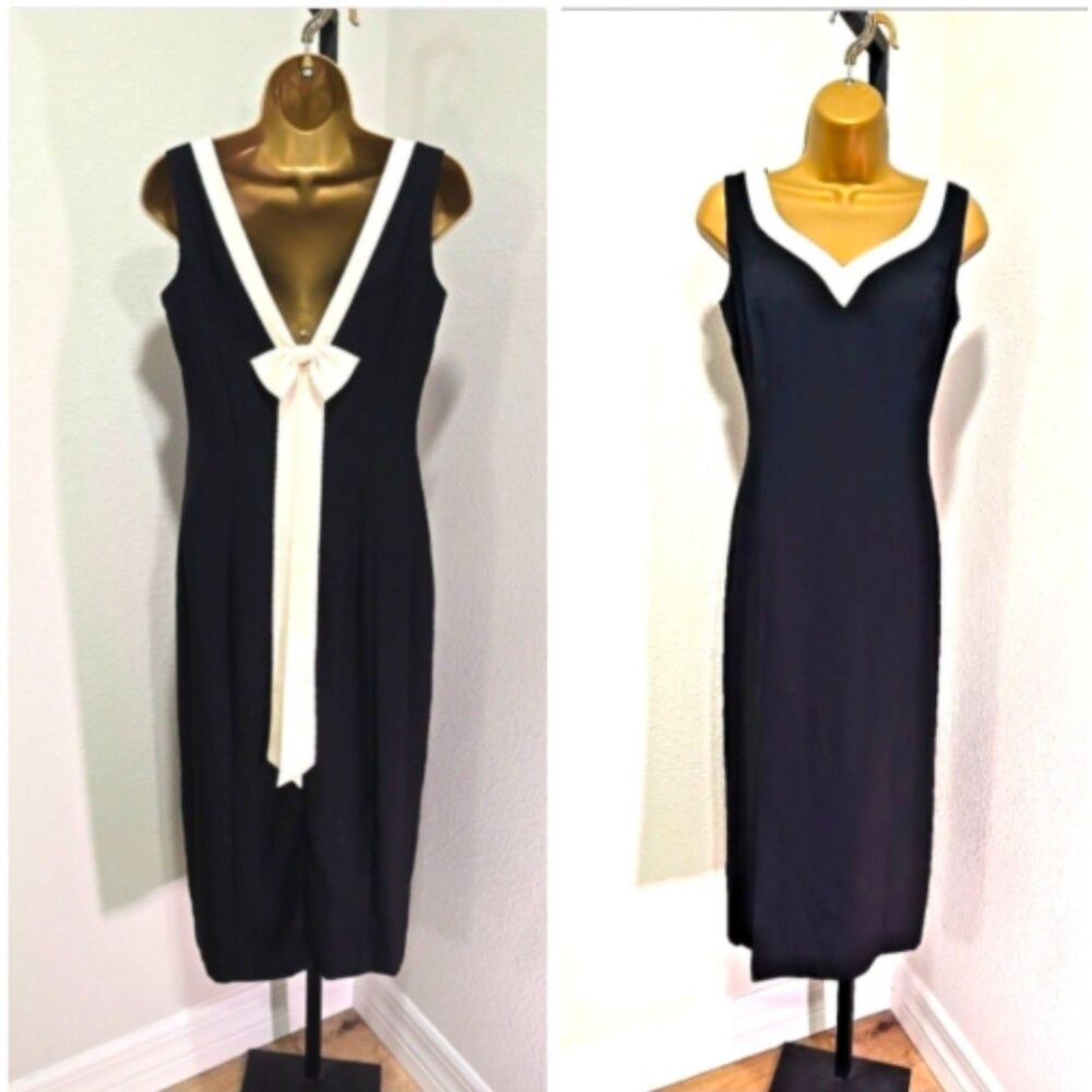 Black Sheath Wiggle Cocktail Dress 6 Cream Bow Old Hollywood Timeless Old Money